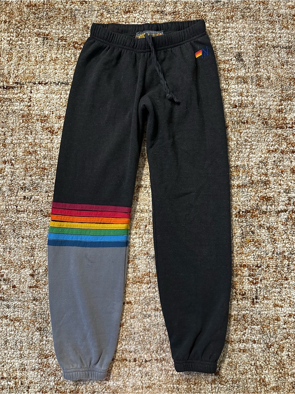 Rare Aviator Nation Black Sweatpants with Rainbow Stripe and Gray Panel